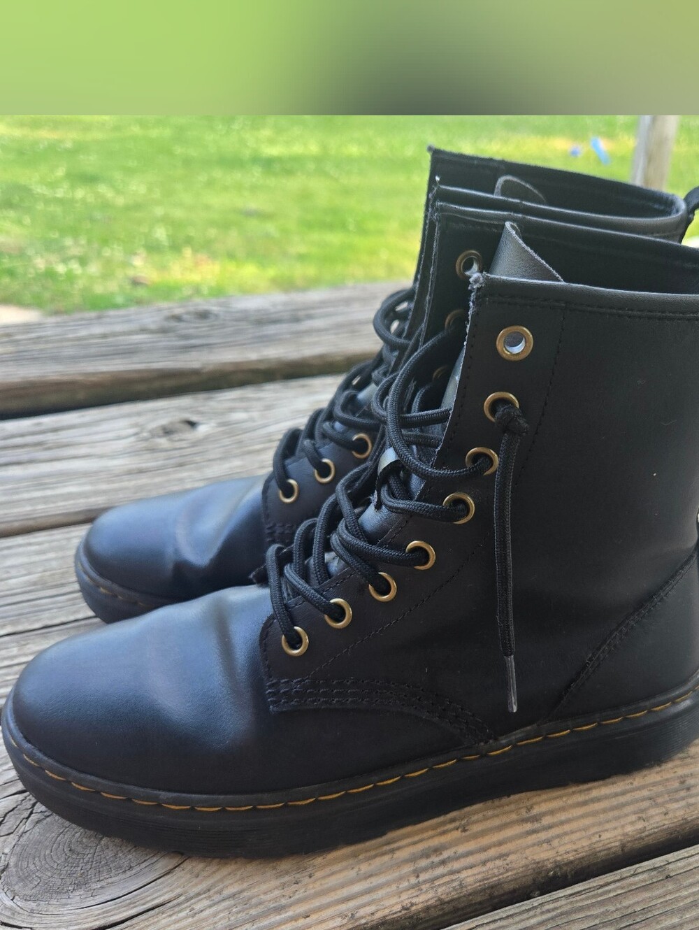 Dr. Martens Black Leather Lace-Up Combat Boots with Yellow Heel Loop